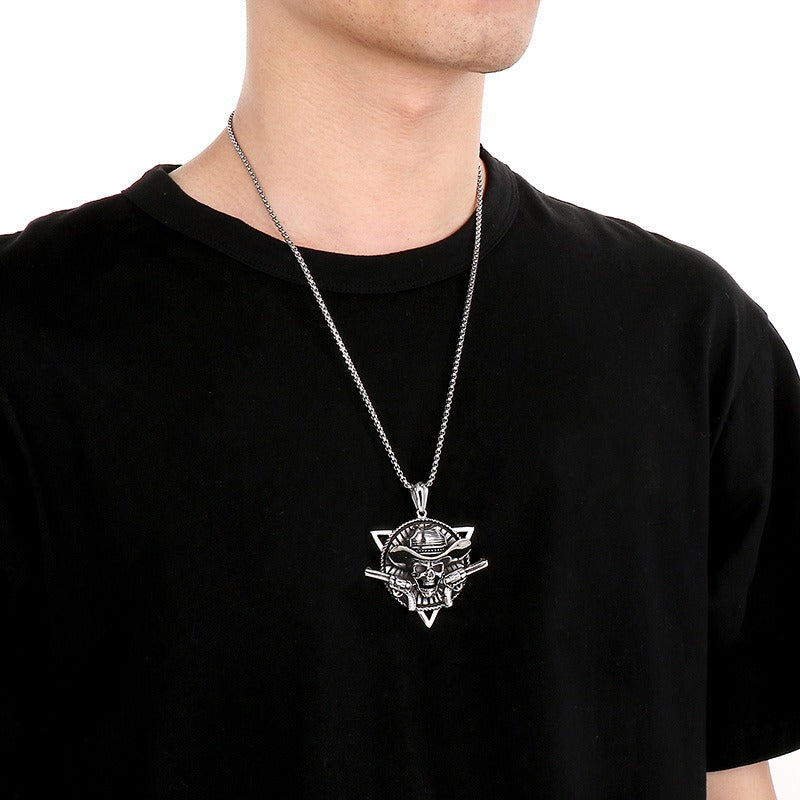 Kemstone Pirate Skull Pendant for Men – Punk Rock Sparrow & Anchor Necklace in Vintage Stainless Steel KP79431-BD