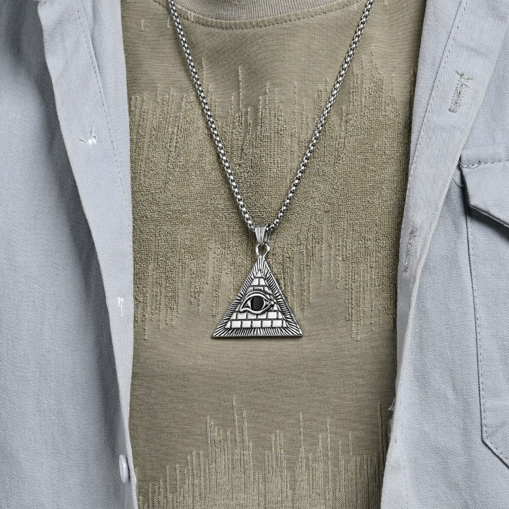 Kemstone Men’s Titanium Steel Pyramid Eye Necklace – Vintage Triangle Pendant K-PT660