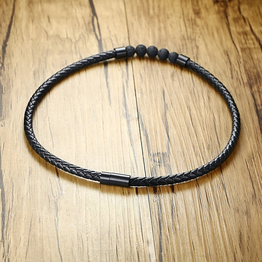 Kemstone Men’s Black Leather Choker Necklace – Lava Stone Beads & Magnetic Steel Clasp, Viking Style NC441