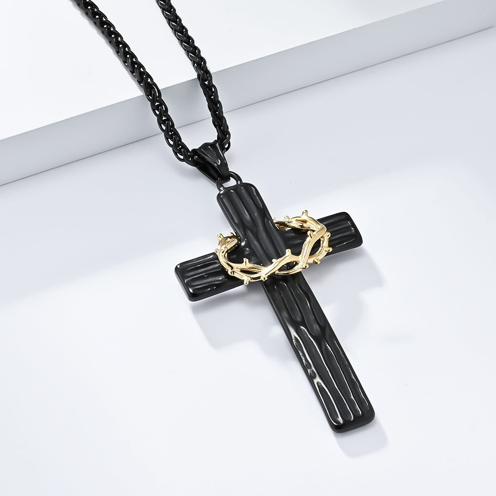 Kemstone Men’s Titanium Steel Cross Necklace – Vintage Wreath Pendant K-PT530