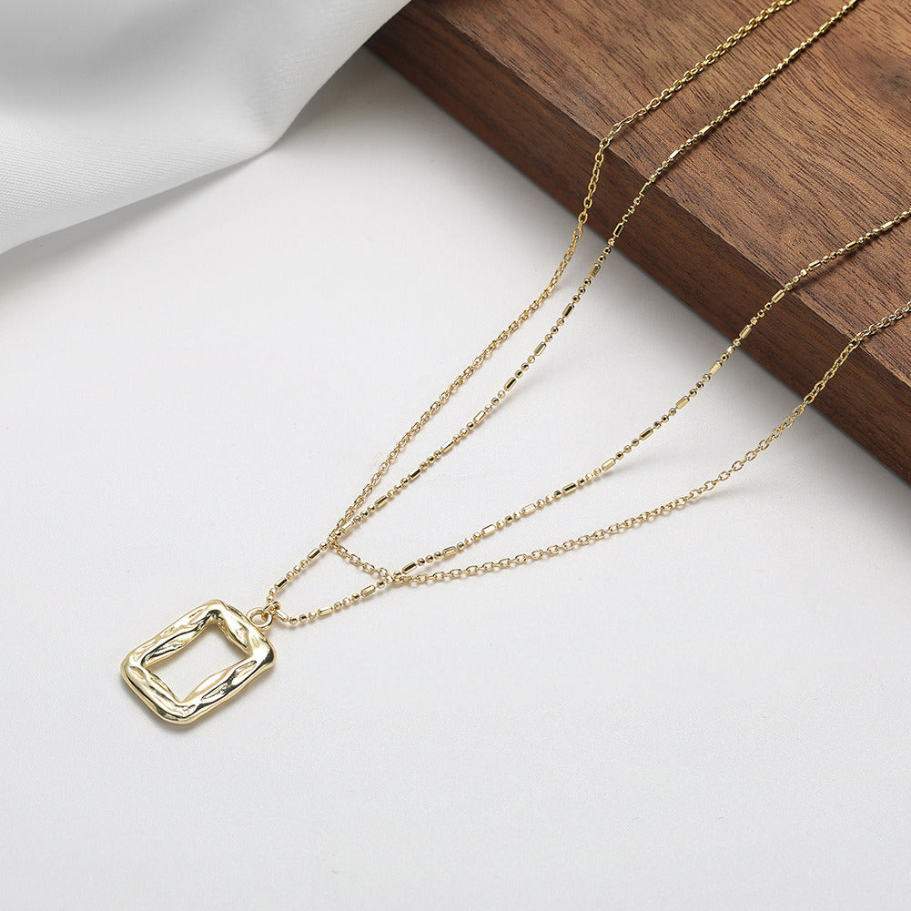 Kemstone Layered Rectangle Pendant Necklace – 925 Sterling Silver Double Chain Necklace for Women, Gold & Silver Minimalist Handmade Jewelry A4-BQN19