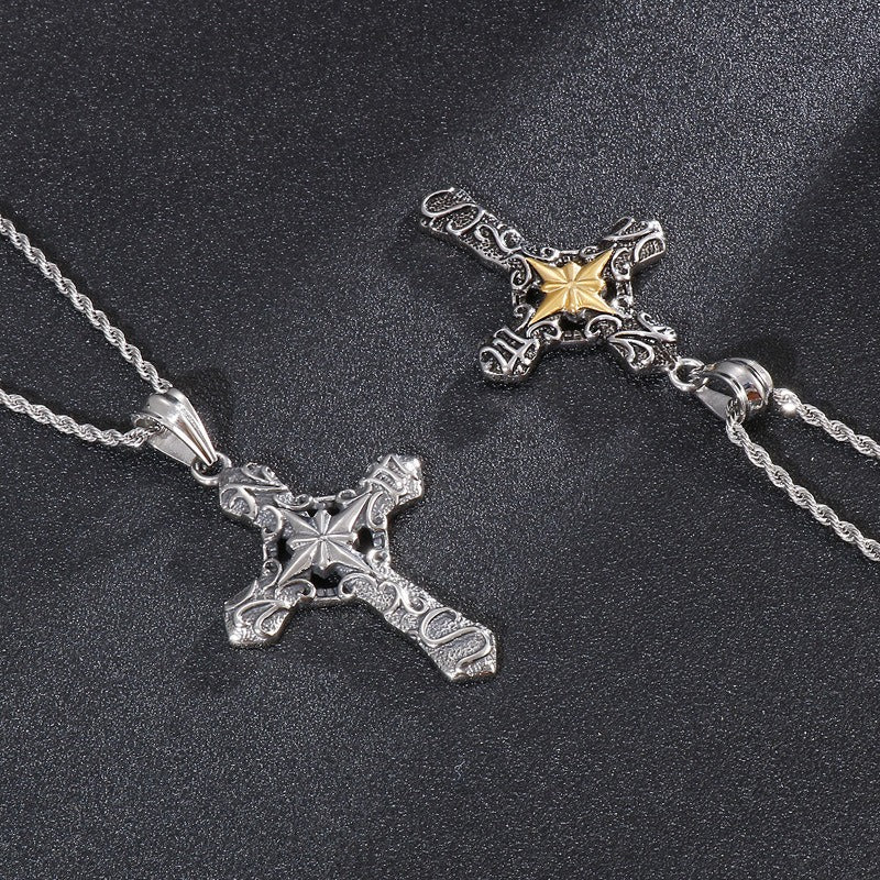 Kemstone Rugged Cross Pendant – Punk Vintage Stainless Steel Necklace for Men | Gothic Streetwear Jewelry KP56209