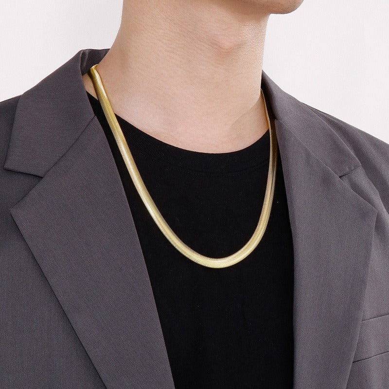 Hip-Hop Flat Snake Chain Necklace & Bracelet – Stainless Steel Herringbone Jewelry for Men KN228487
