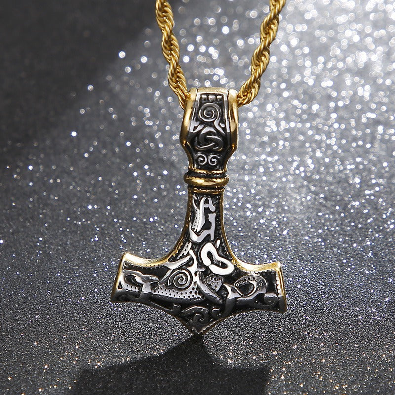 Kemstone Viking Thor’s Hammer Pendant – Stainless Steel Norse Amulet with Skull Connector KP96348