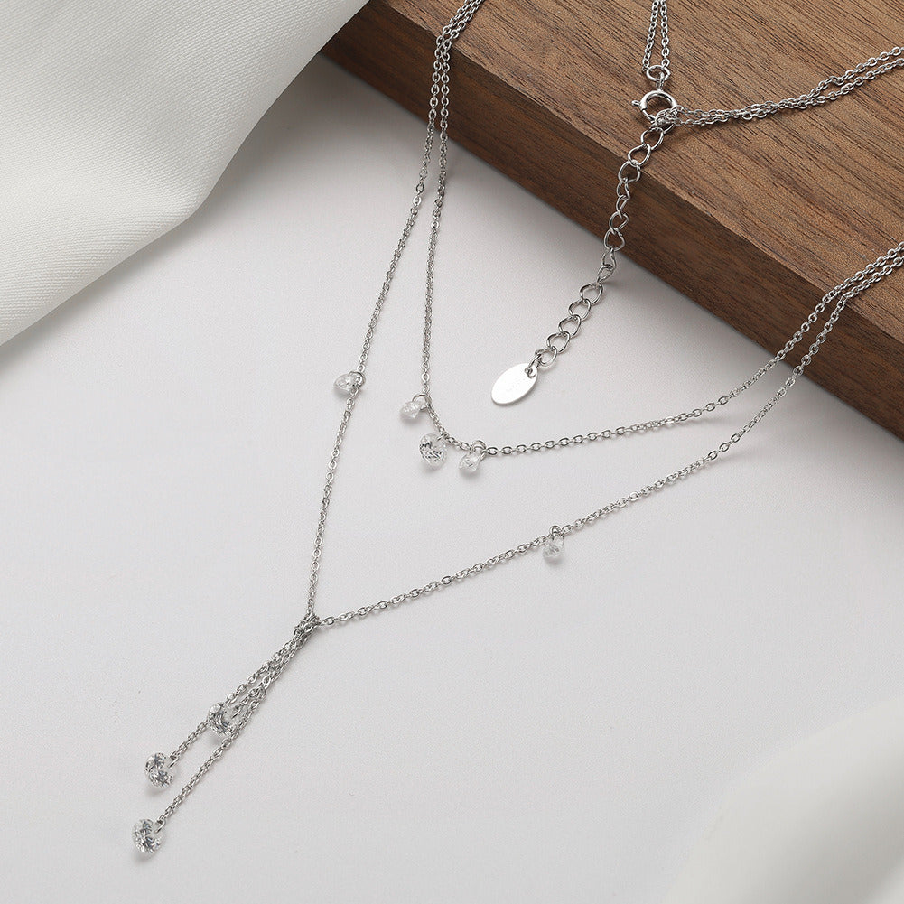 Kemstone Layered 925 Sterling Silver Necklace – Gold & Silver Adjustable Cubic Zirconia Y Pendant Jewelry for Women A4-BQN20