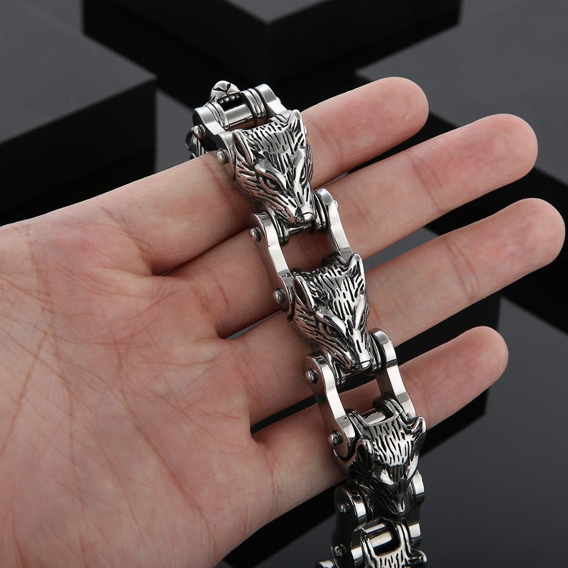 Kemstone Wolf Head Chain Bracelet – Titanium Steel Motorcycle-Inspired Men’s Jewelry KB152384