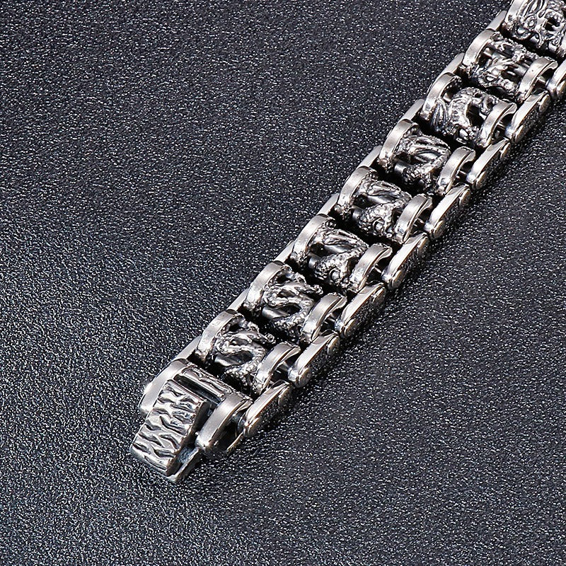 Kemstone Vintage Dragon Bike Chain Cuff – Stainless Steel Men’s Bracelet, Handcrafted Rustic KB83923-BD