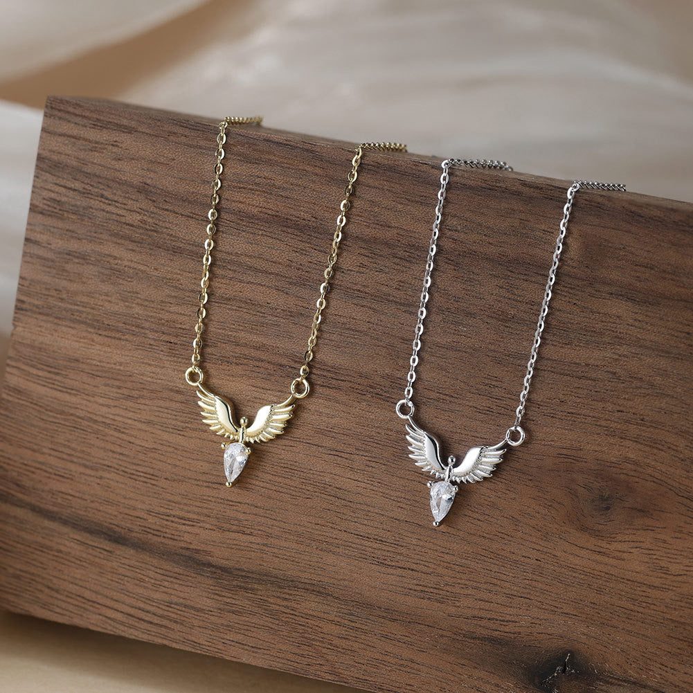 Kemstone S925 Sterling Silver Angel Wing Necklace for Women – Dainty Wing Pendant Clavicle Chain, Silver & Gold A4-APN54