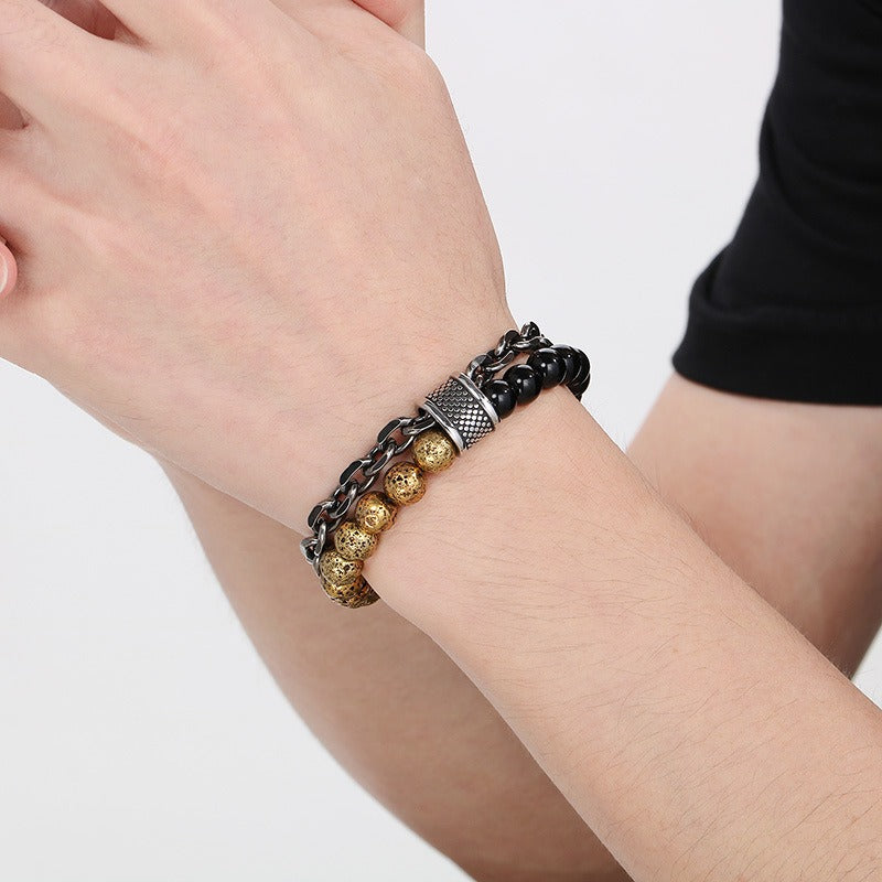 Kemstone Tiger Eye & Turquoise Bead Bracelet – Dual-Layer Steel Chain Men’s Jewelry with Vintage Map Stone Vibe KB182645