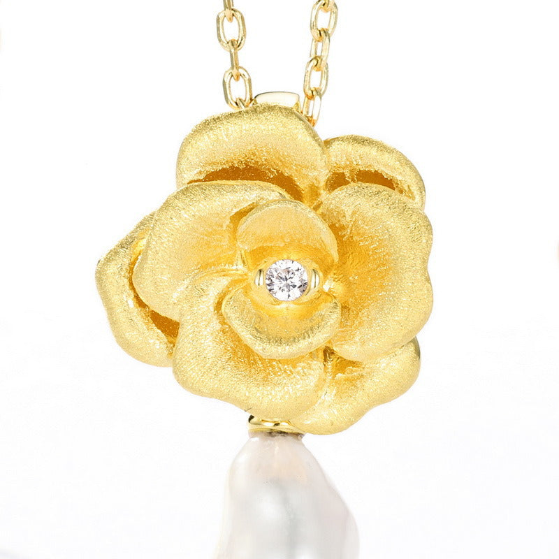 Kemstone Vintage Baroque Pearl Pendant Necklace – 925 Silver 10K Gold Camellia Flower Jewelry for Women