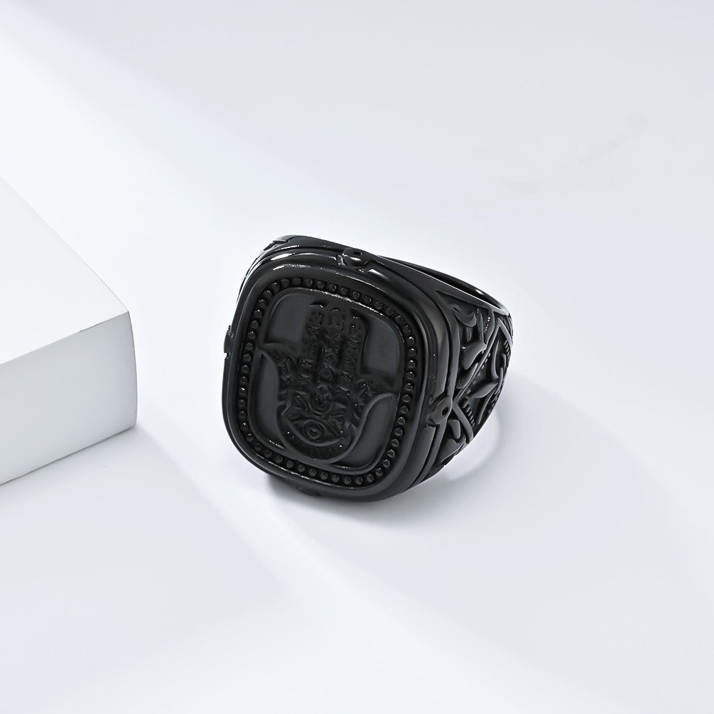 Kemstone Men’s Stainless Steel Hamsa Hand Ring – Vintage Protection Jewelry K-R904