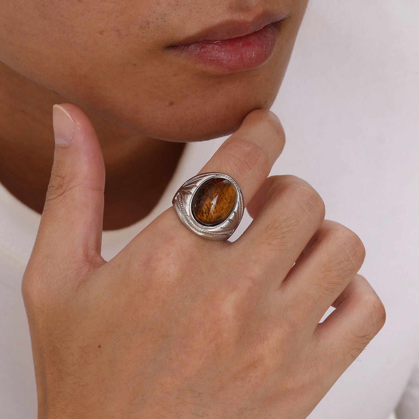 Men's Stainless Steel Tiger Eye Oval Ring – Norse Gothic Power Symbol, Vintage Steel Finish RC687