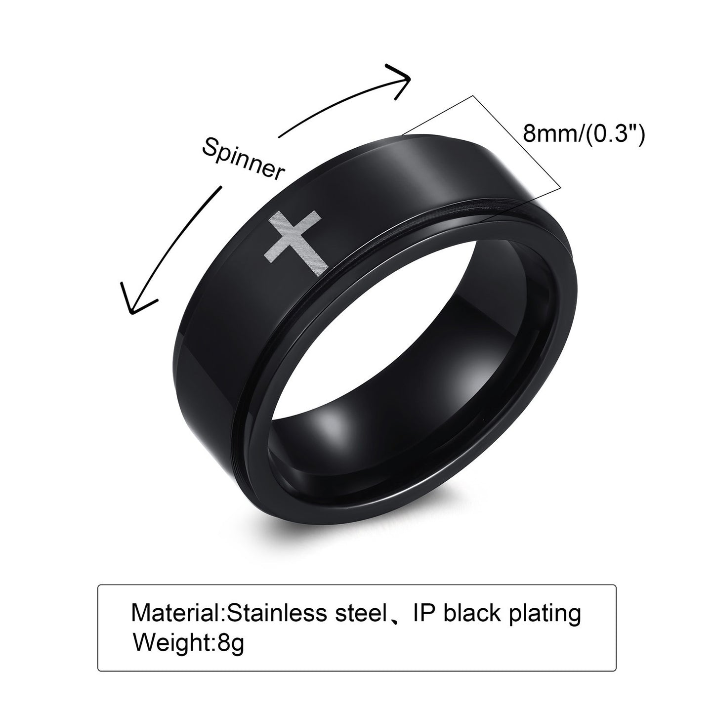 Kemstone Black Laser-Etched Cross Rotating Stainless Steel Ring – Gothic Industrial Men’s Jewelry R589