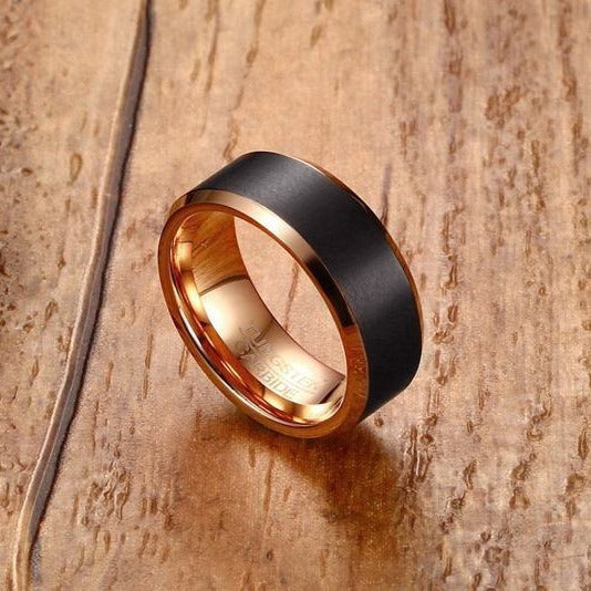 8MM Tungsten Carbide Men’s Ring – Brushed Black & Rose Gold Band TCR-069