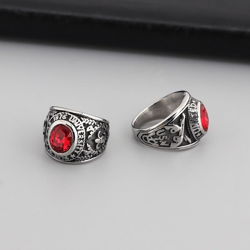 Kemstone Eagle Ring with Red/Blue Gemstones – Titanium Steel Punk Jewelry for Men | Gothic Streetwear Style KR45098-K