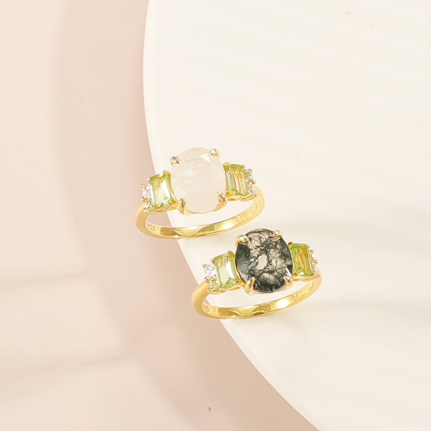 Kemstone Forest Echoes Ring – Moss Agate & Peridot Gemstones, 925 Sterling Silver with 18K Gold Plating, Vintage Botanical Design T7-OL1180R