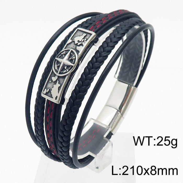 Kemstone Men’s Compass Bracelet – Stainless Steel Braided Leather Jewelry KB179994
