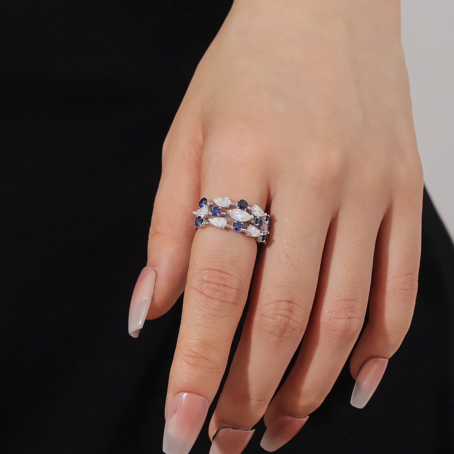 S925 Sterling Silver Ring with Lab-Created Blue Sapphires & Moissanite – Modern Elegance in Motion OL1352RMC