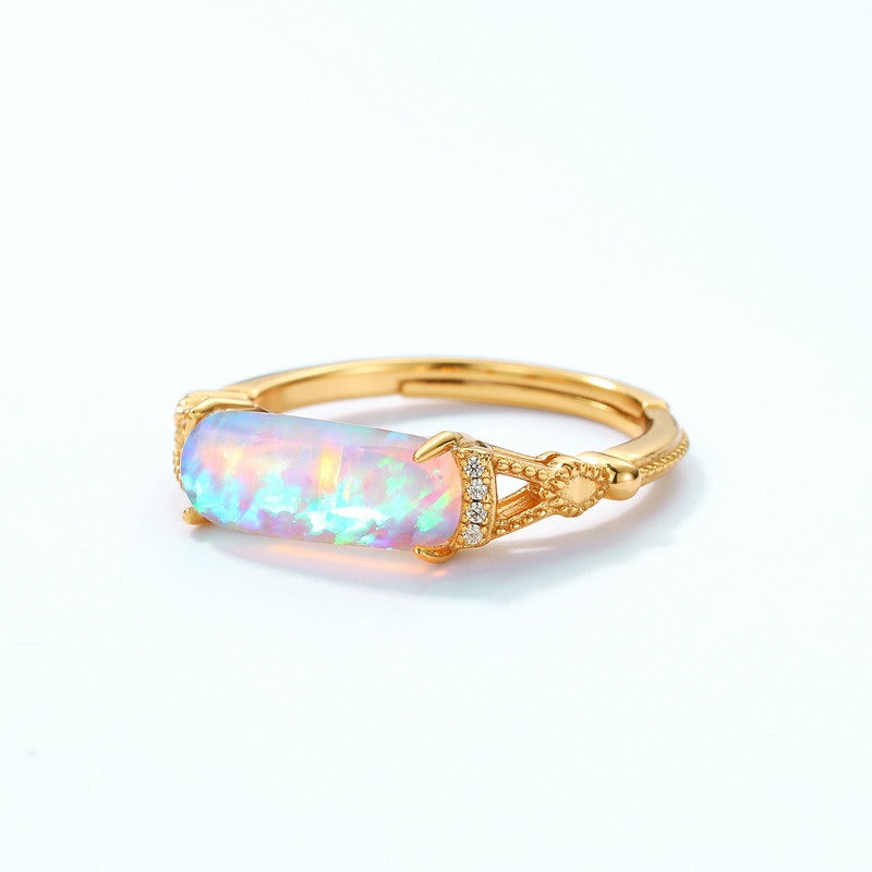 Kemstone Vintage Created Opal Ring – Adjustable Gold Plated S925 Sterling Silver, Women’s Statement Jewelry
