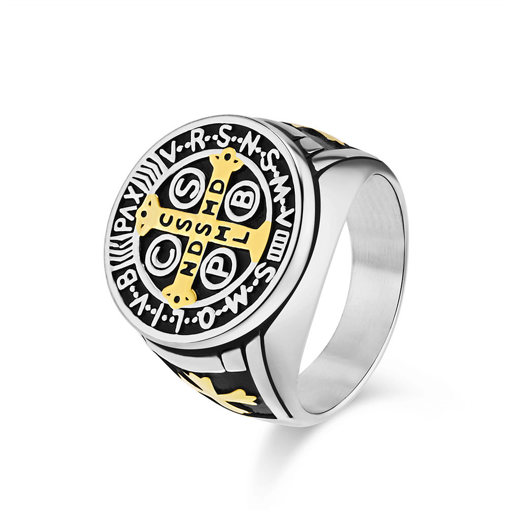 Kemstone Gothic Exorcist Ring – Vintage Stainless Steel Saint Benedict Cross Band for Men | Punk Streetwear Style