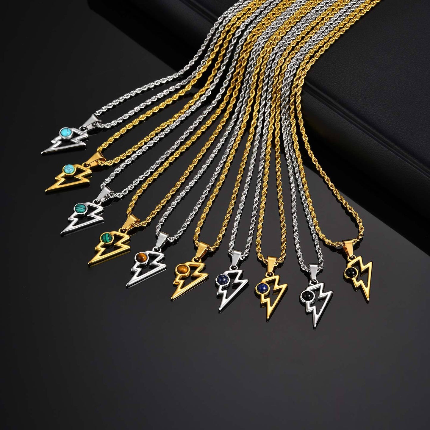 Kemstone Men’s Stainless Steel Lightning Pendant Necklace – Natural Stone Jewelry PN-2202