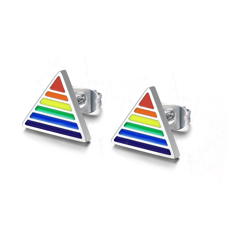 Stainless Steel Triangle Stud Earrings – Enamel Rainbow Edge for Men PE-003