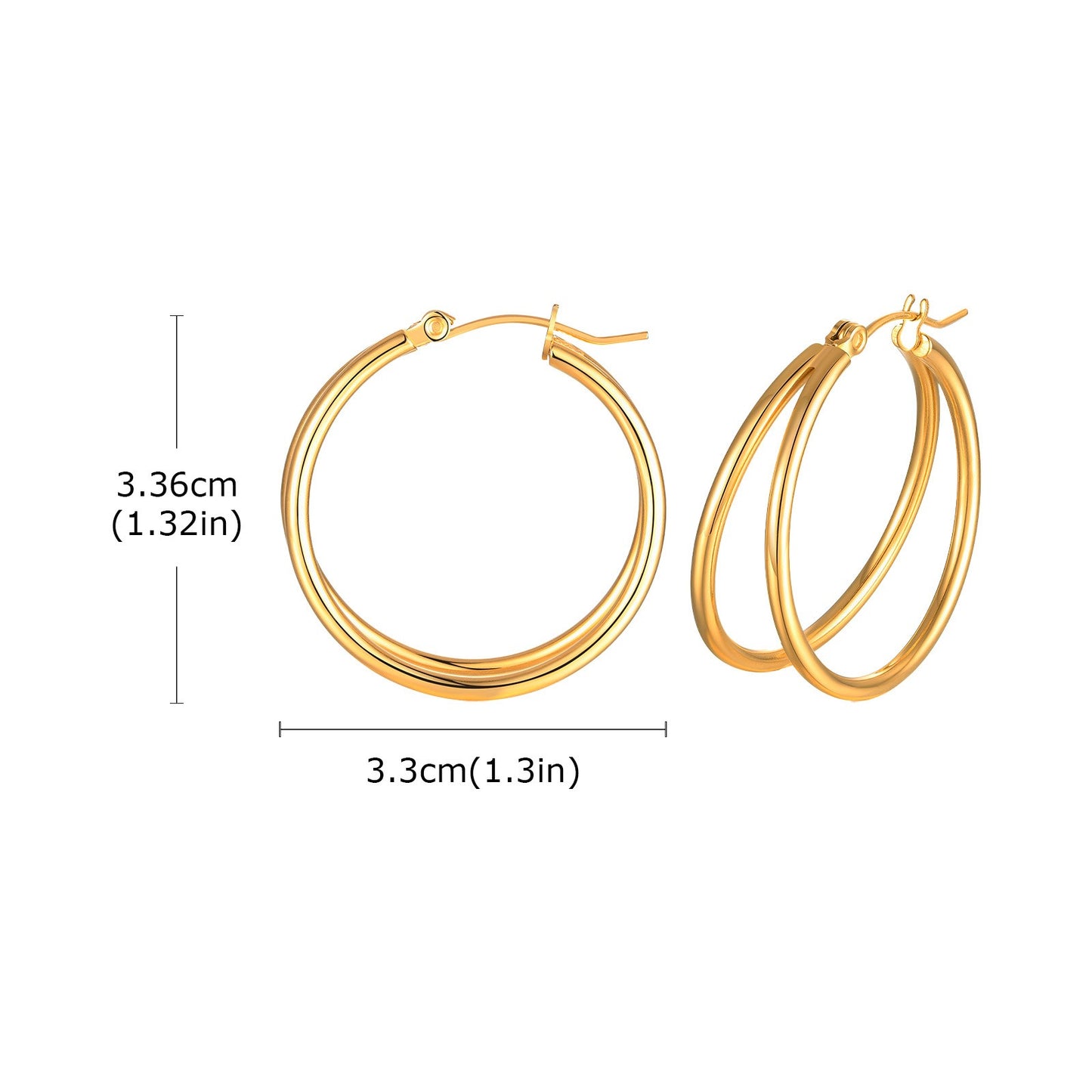 Aros dorados de doble tubo Kemstone de 32 mm, acero inoxidable ligero para mujer EH-339