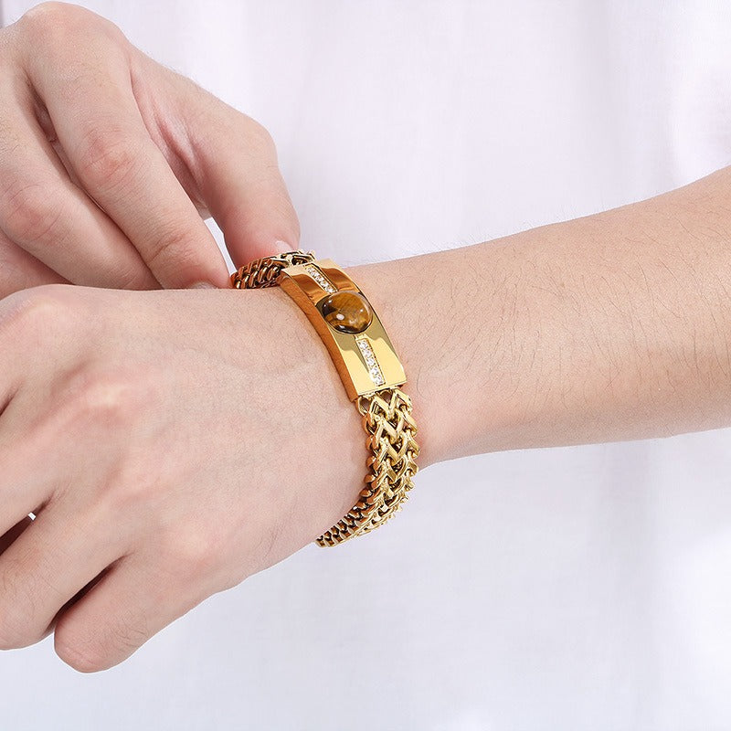Kemstone Hiphop Zirconia-Encrusted Vintage Dual-Chain Tiger's Eye Stone Curb Men's Bracelet KB187685