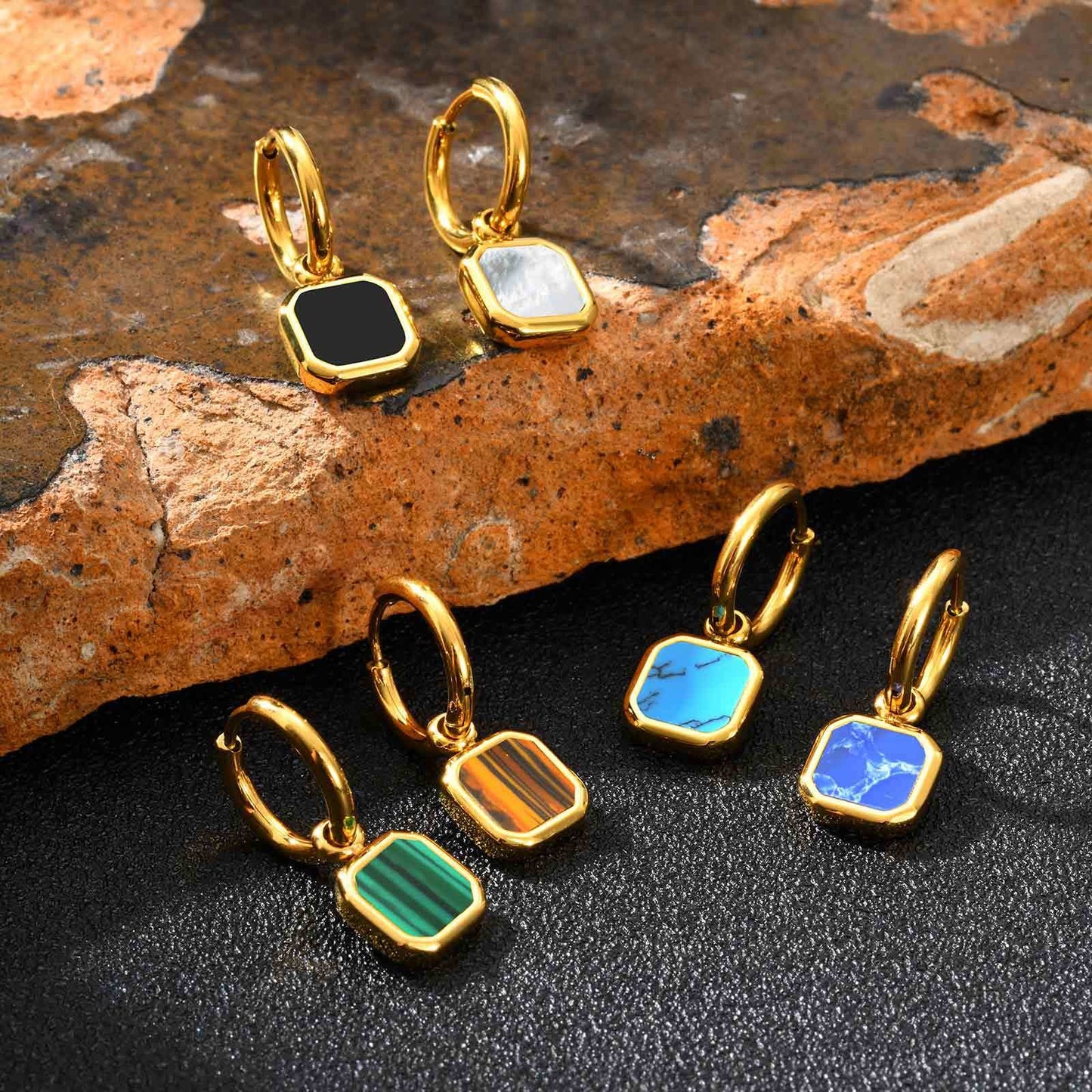 Kemstone Men & Women’s Stainless Steel Square Drop Earrings – Shell, Tiger Eye, Malachite ED-936