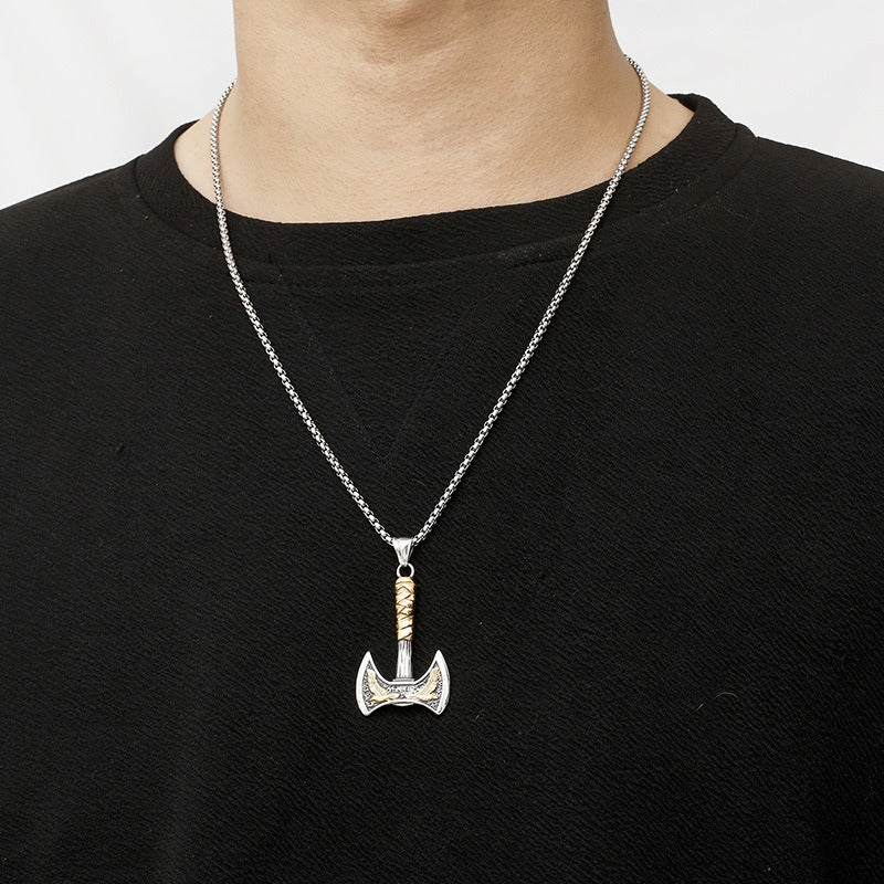 Kemstone Viking Axe & Raven Pendant – Norse Rune Titanium Steel Necklace for Men KP130627-TLX