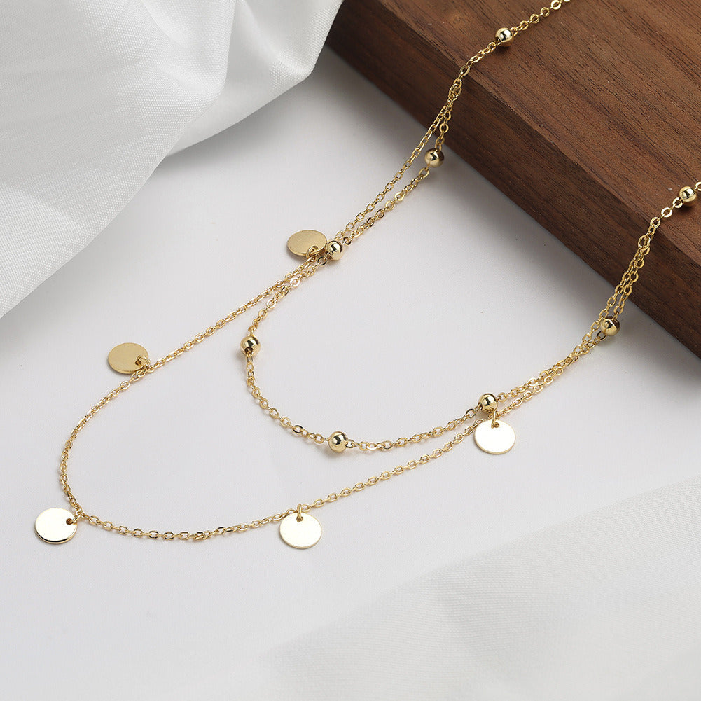 Kemstone Layered Gold Necklace – 925 Sterling Silver Double Chain Necklace for Women, Dainty Disc Beaded Choker, Adjustable Handmade Jewelry A4-BQN21