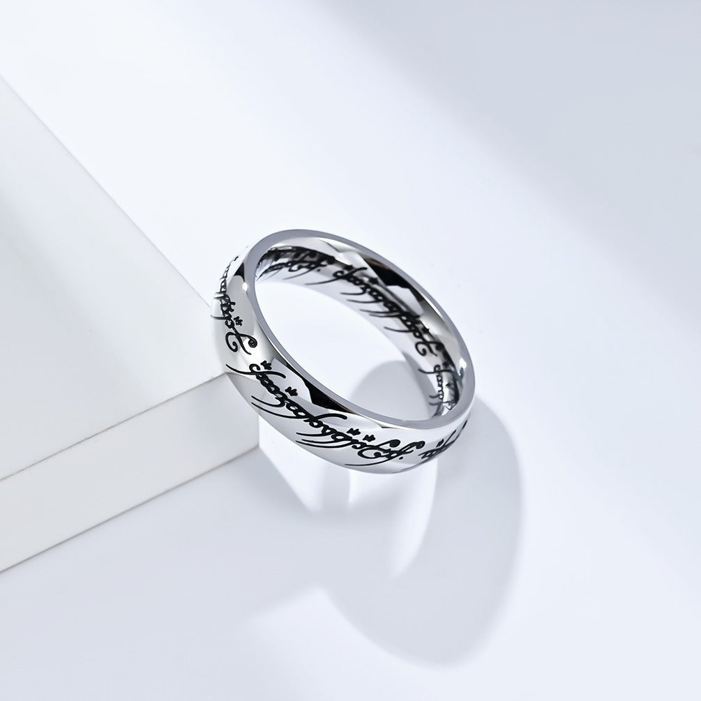 Kemstone Elvish Script Ring β 316L Stainless Steel Norse Gothic Fantasy Band | K-R707