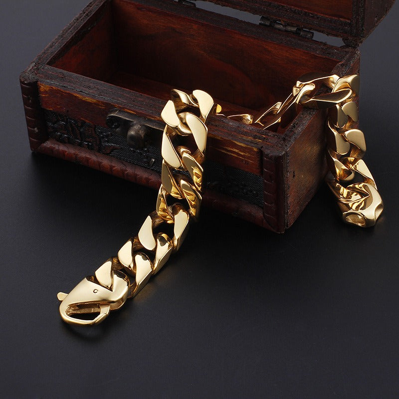 Kemstone Men’s Stainless Steel Cuban Chain Bracelet – 21cm Street Style Gothic Power Link KB27123-D