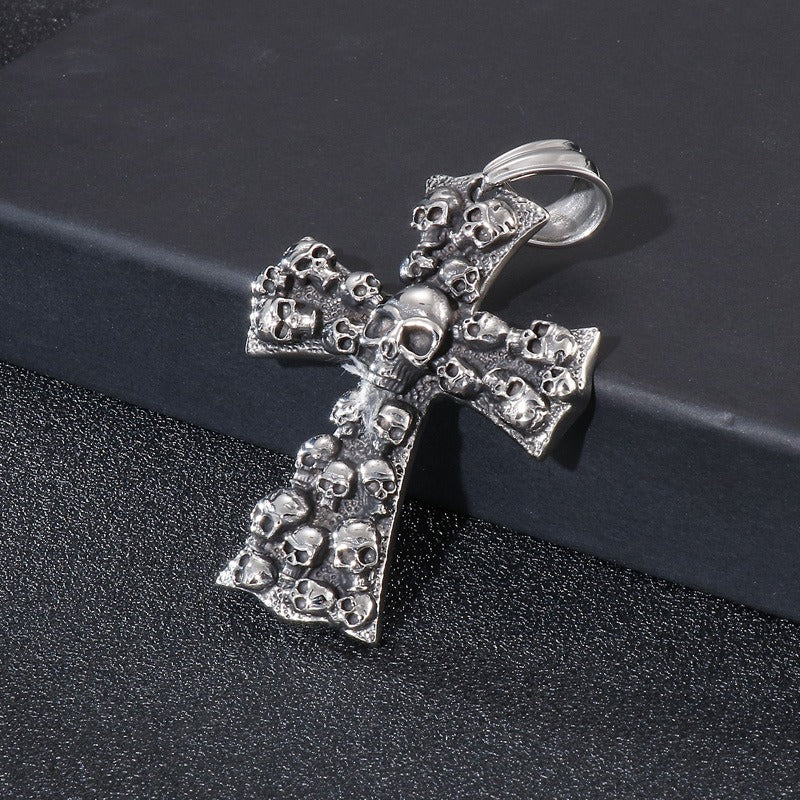 Kemstone Gothic Skull Cross Necklace – Matte Black Punk Pendant for Men KP55728-B