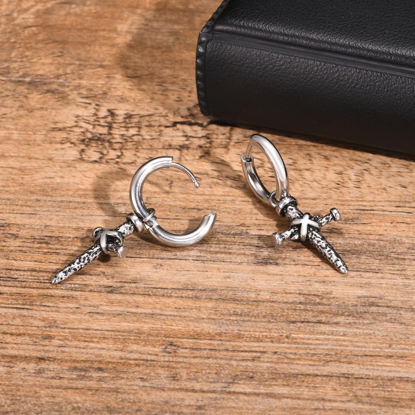 Kemstone Men’s Stainless Steel Cross Dagger Hoop Earrings – Punk Gothic Biker Jewelry ED768