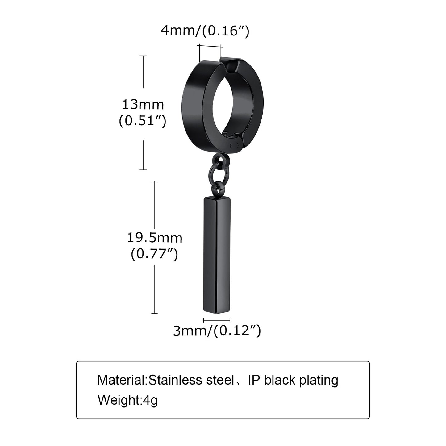 Kemstone Men's Geometric Bar Drop Earrings – Stainless Steel Hoop & Clip-On, Gothic Punk Street Style in Black & Silver ED-659