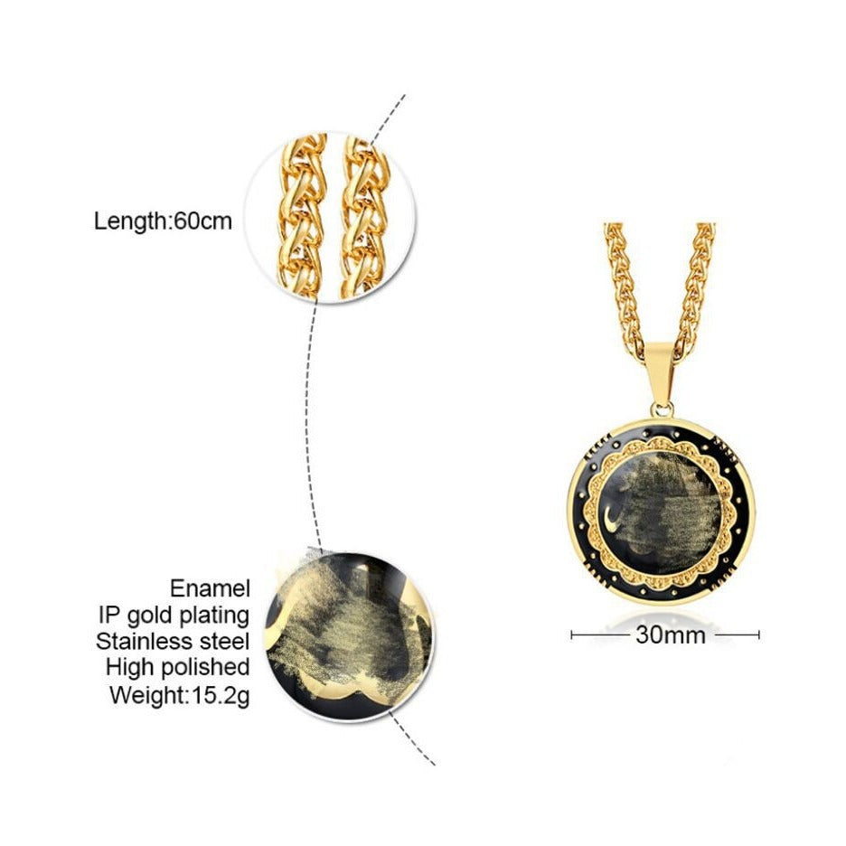 Kemstone Gold Stainless Steel Round Medallion Pendant Necklace – 30mm Enamel Hip Hop Street Style PN-1300