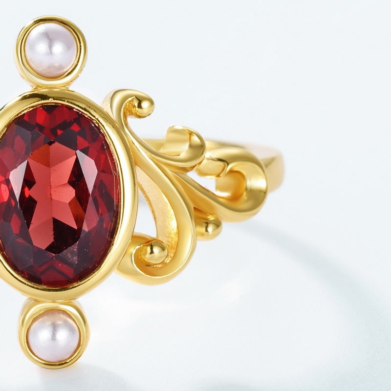 Anillo de corona real vintage de diseño original, hecho a mano por Kemstone - Plata S925 bañada en oro con granate