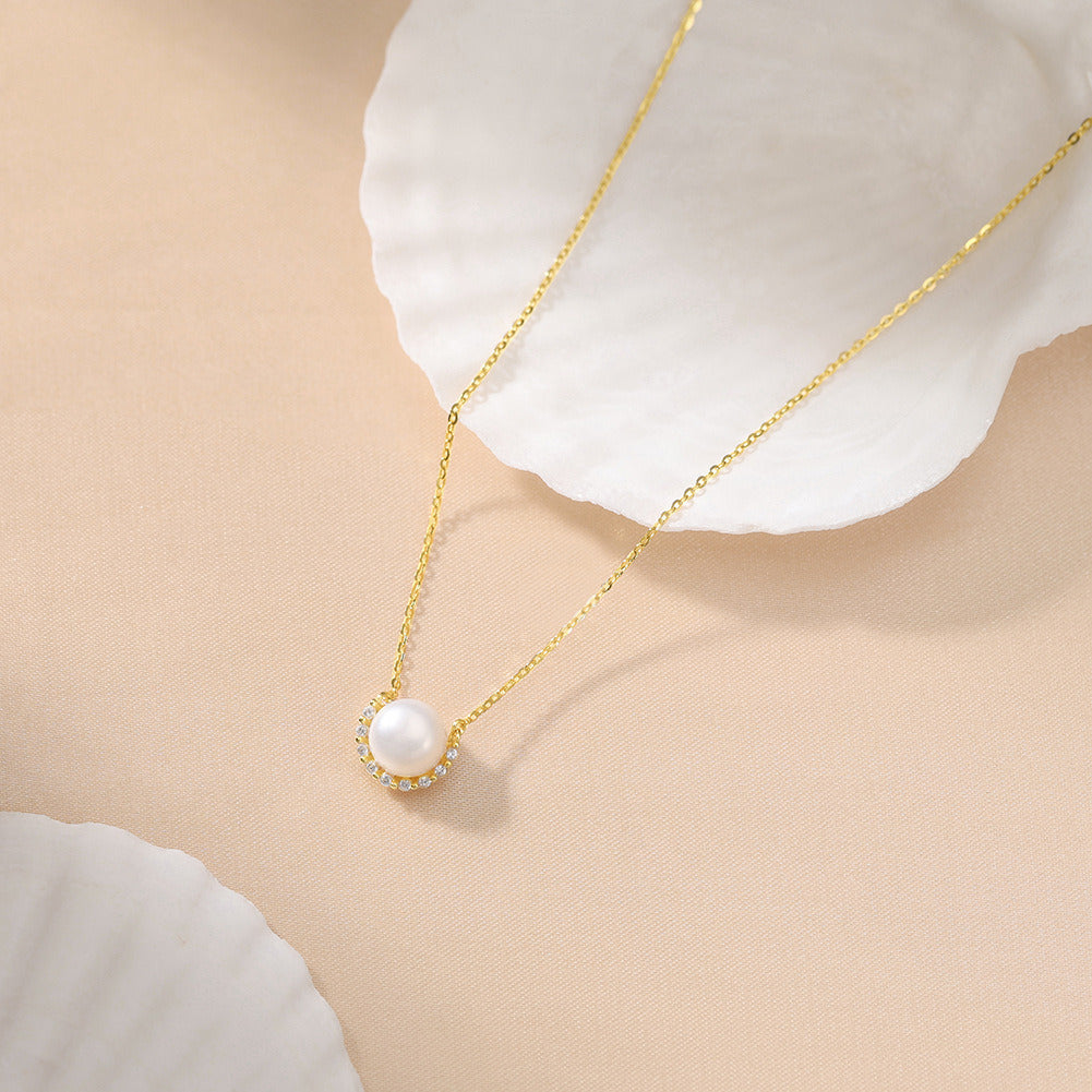Kemstone 925 Sterling Silver Freshwater Pearl Pendant Necklace – 7.5–8mm Pearl Smile Necklace for Women, Gold & Silver Dainty Jewelry Gift A4-GPN87