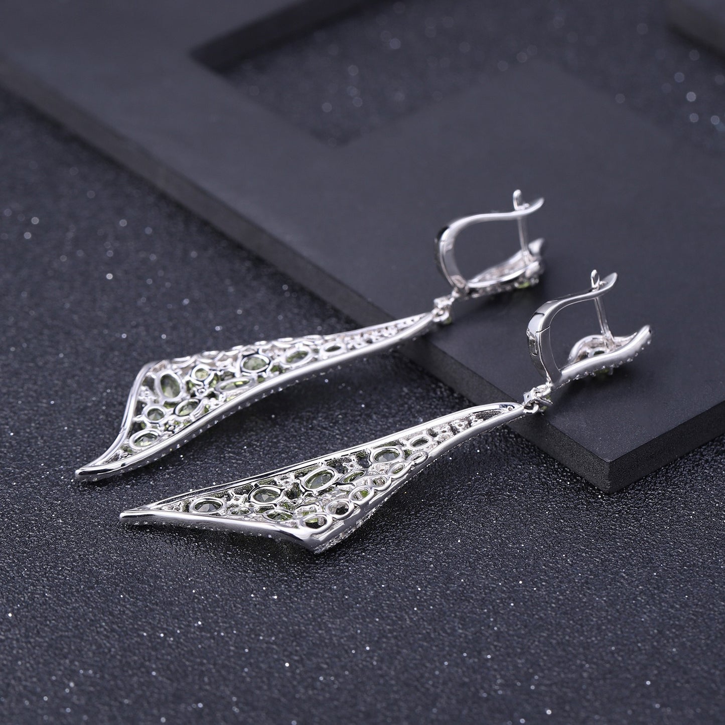 Pendientes Kemstone de plata de ley, diseño original, hechos a mano, con peridoto natural y circón. Lujosas joyas vintage de diseño para mujer, 7,5 cm.