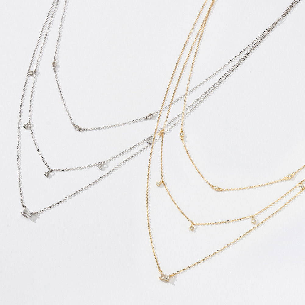 Kemstone S925 Sterling Silver Triple Layer Geometric CZ Necklace for Women – Dainty Layered Clavicle Chain, Silver & Gold A4-BQN10