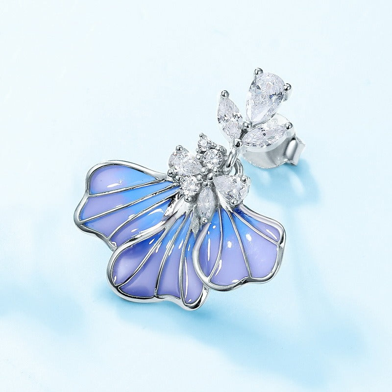 Kemstone Handcrafted Blue Iris Enamel Stud Earrings – S925 Sterling Silver, White Gold Plated with Zirconia Accent