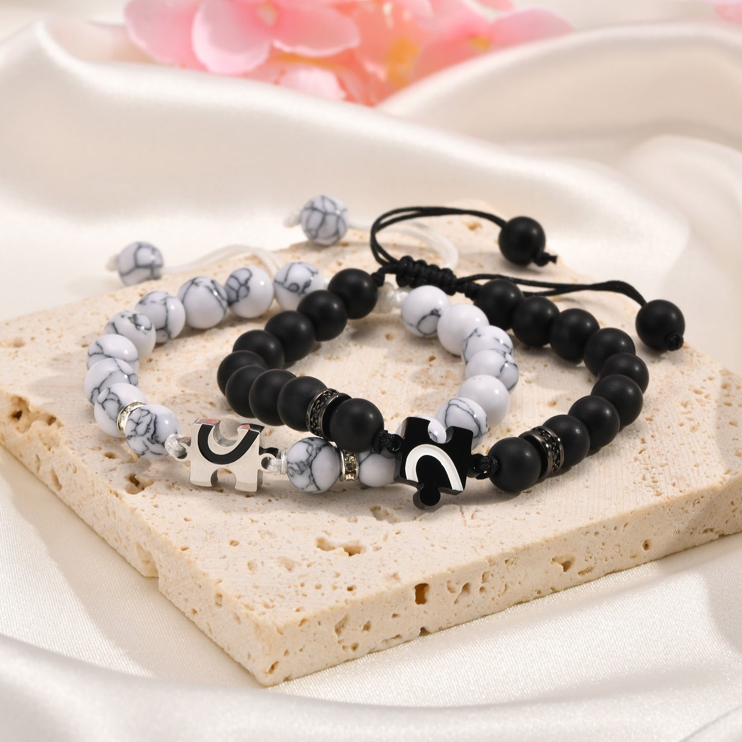 Kemstone Adjustable Half Heart Puzzle Beaded Bracelet Set for Men & Women – Black Onyx & White Howlite CB-175