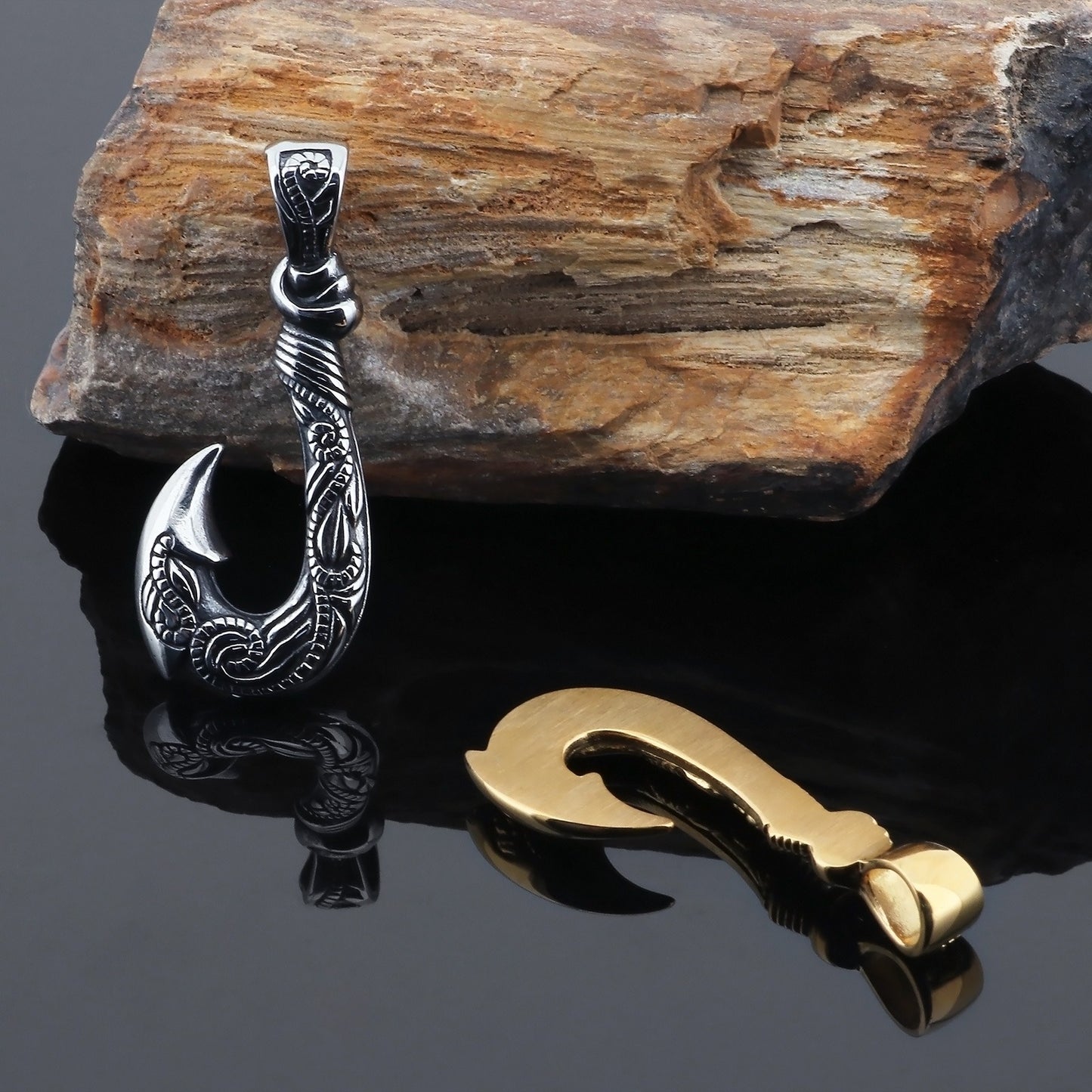Kemstone Viking Fishhook Pendant Necklace – Rustic Titanium Steel for Men KP130377