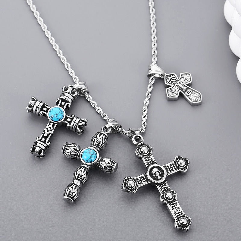 Kemstone Gothic Portrait Pendant – Titanium Steel Necklace with Crown & Turquoise Cross KP119878