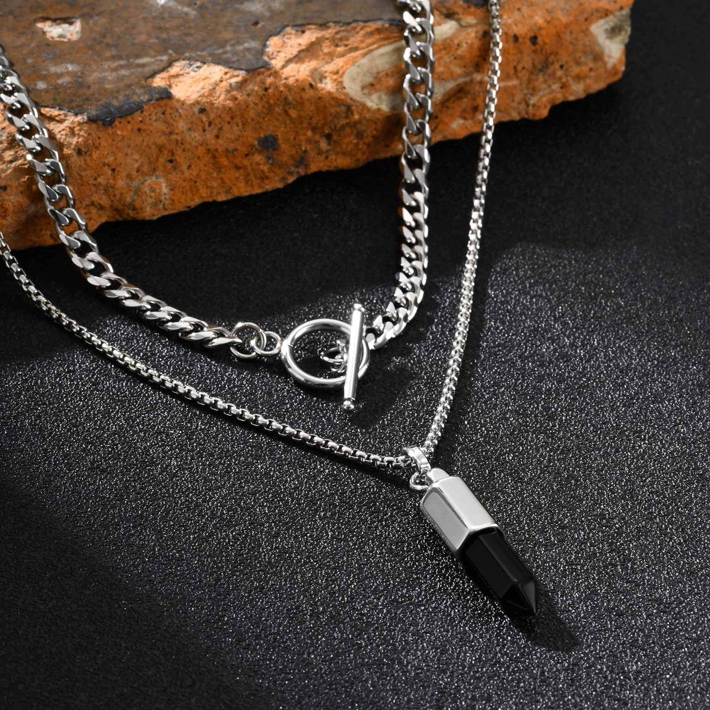 Kemstone Men’s Stainless Steel Bullet Pendant Necklace – Tiger Eye & Black Agate Minimalist Jewelry PN-2227
