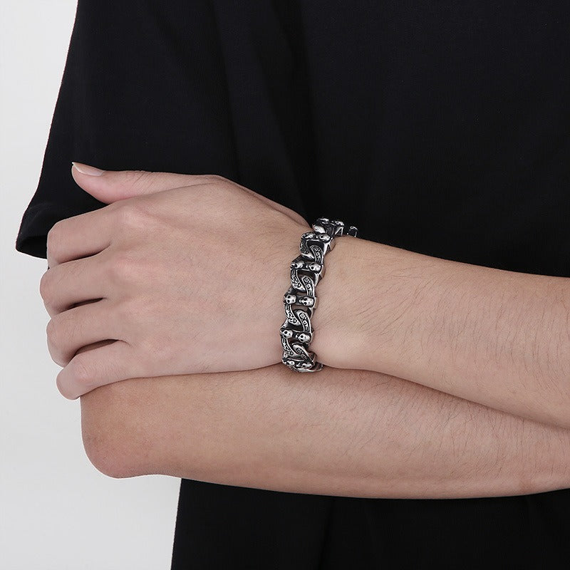 Kemstone Matte Black Skull Bracelet – Titanium Steel Cuban Chain for Men | Gothic Punk Streetwear Jewelry KB162805-KJX