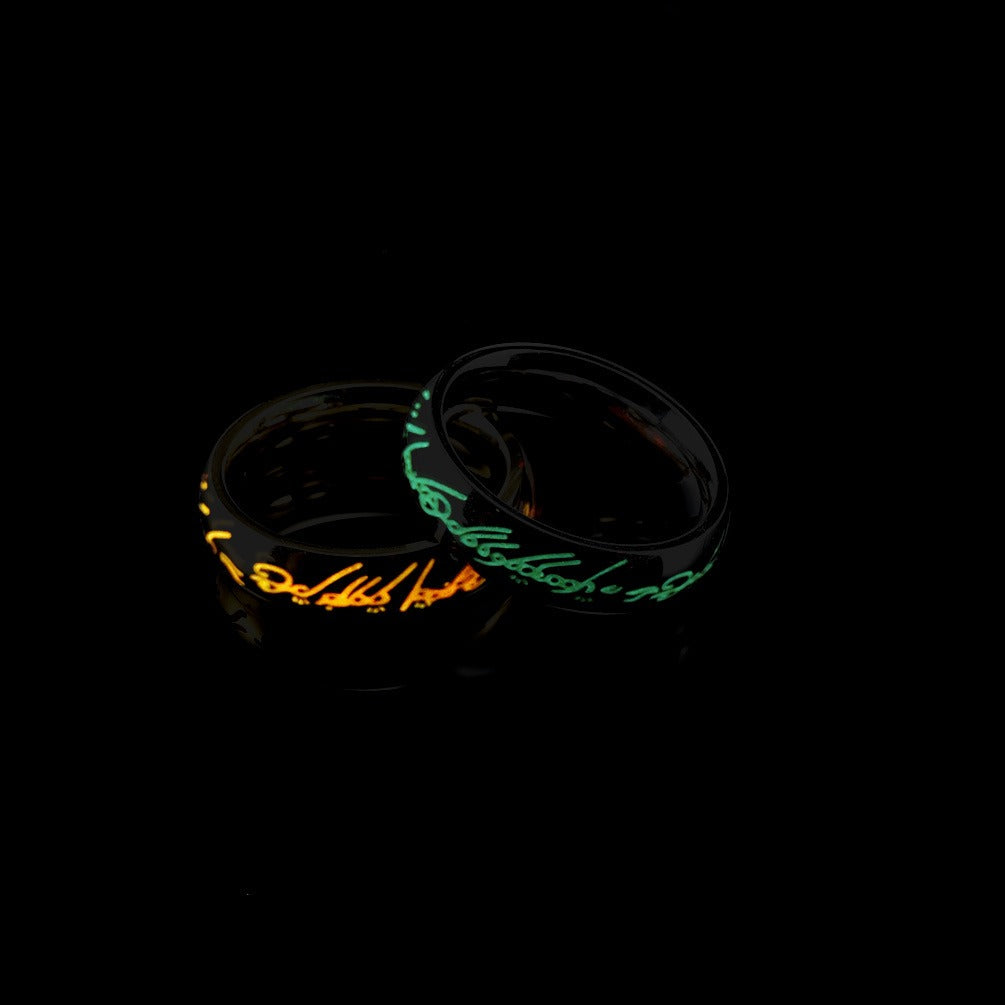 Kemstone Glow in the Dark Elvish Ring β Titanium Steel Script Band Gothic Norse Fantasy | K-R740