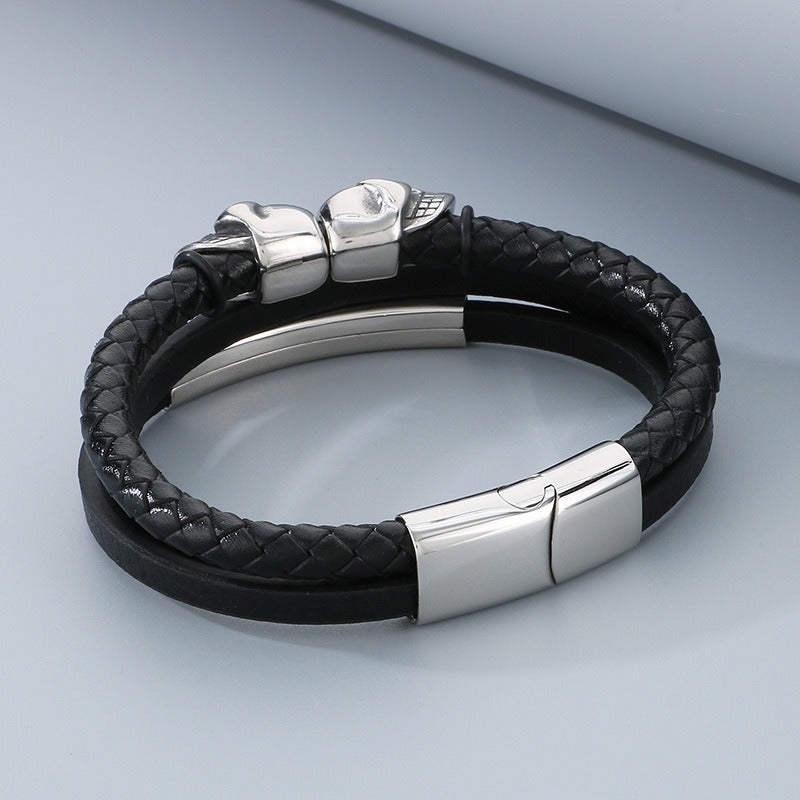 Kemstone Men’s Skull Leather Bracelet – Stainless Steel Punk Biker Jewelry KB180009