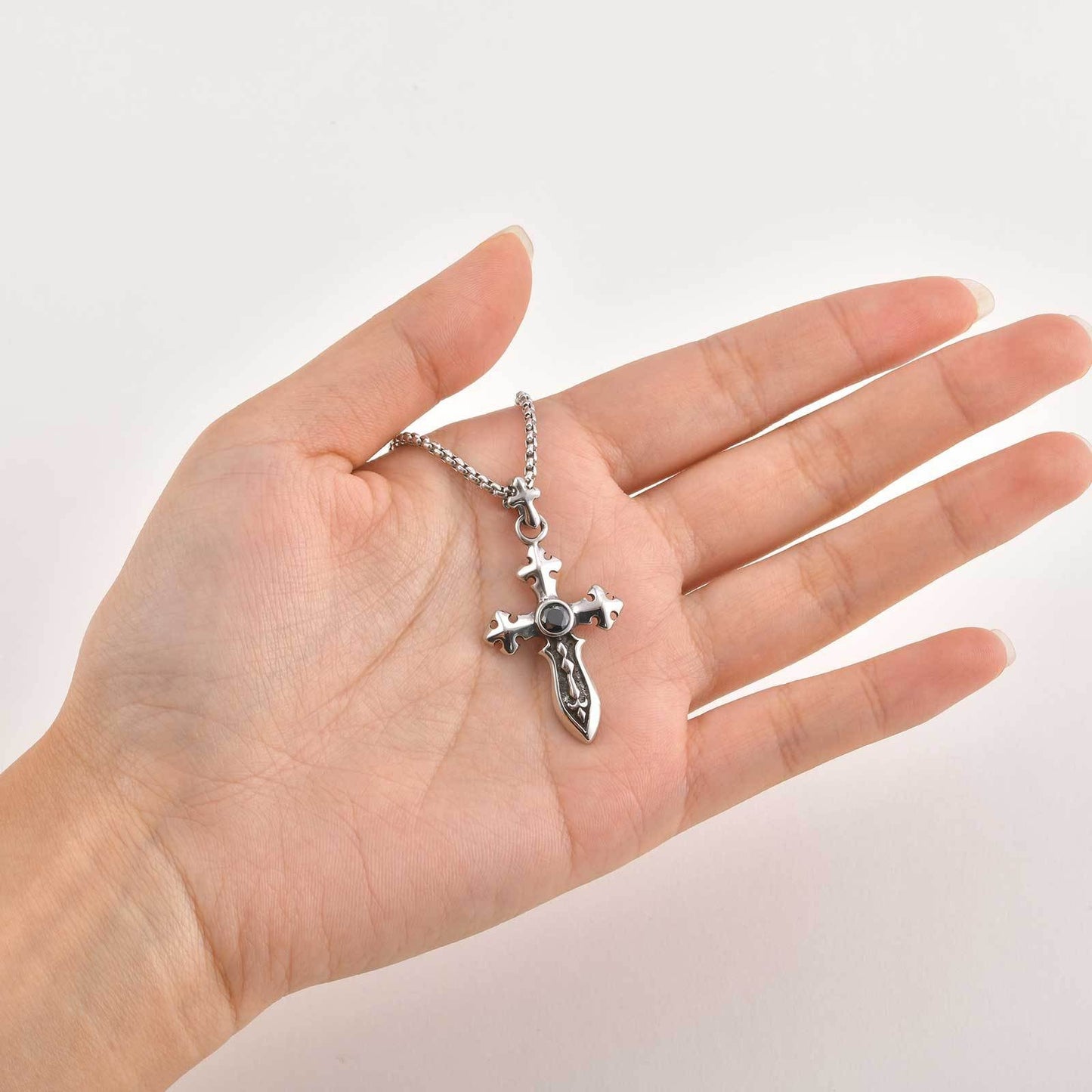 Kemstone Men’s Stainless Steel Cross Sword Pendant Necklace – Black Zircon PN-2248